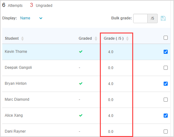 The Grade column in the Selection pane is highlighted to show some bulk grades have been updated.